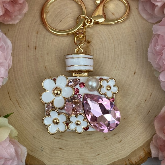 Pink Crystal Flower Perfume Bottle Keychain Charm - Picture 13 of 16